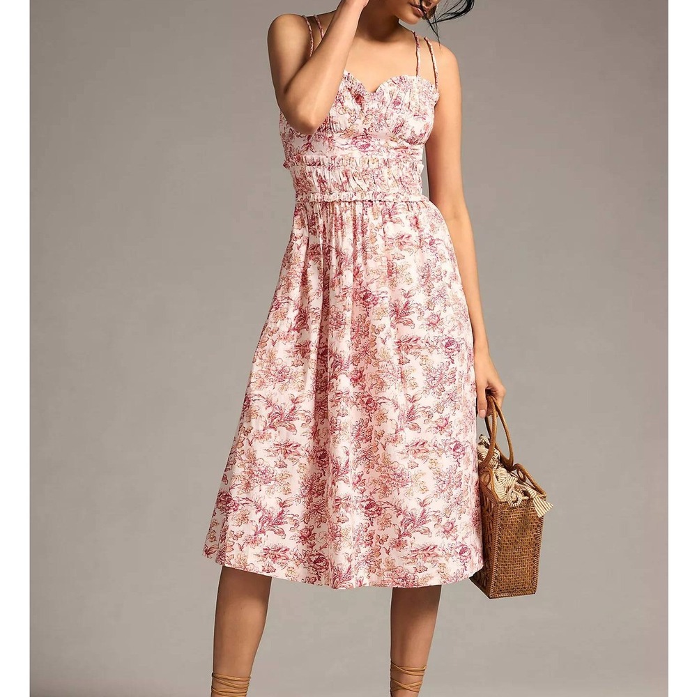 By Anthropologie Corset Midi Dress Pink Floral Cotton Cottagecore Coquette Large